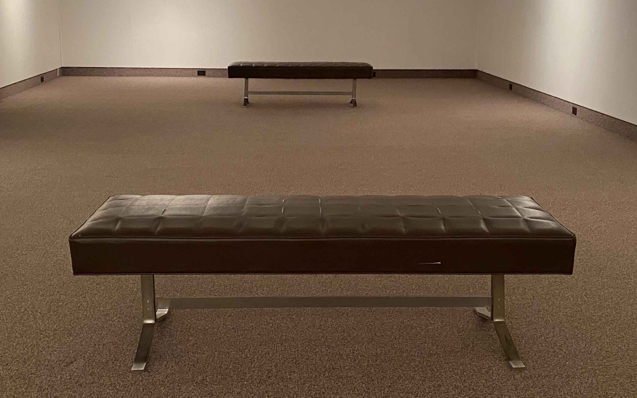 empty gallery with two benches